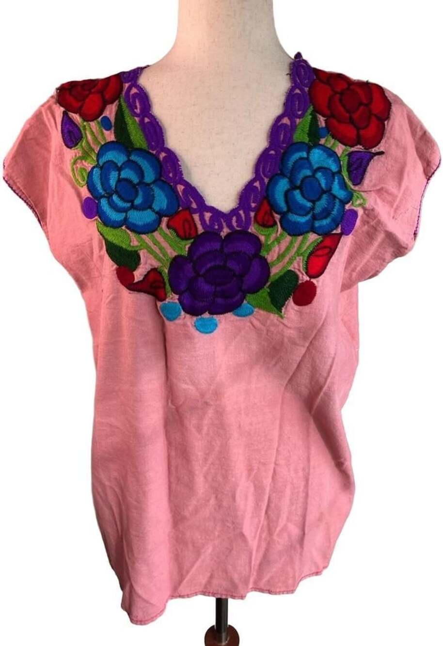 Mexican Embroidered Blouse Pink Floral Boho Hand Made